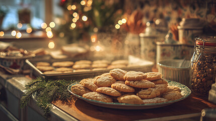 A warm kitchen scene with trays of cookies fresh from the oven ,Cristmas, photo style