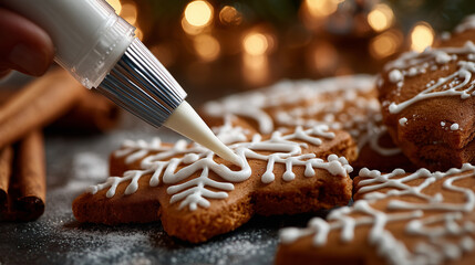 A close-up of icing being piped onto a gingerbread cookie ,Cristmas, photo style
