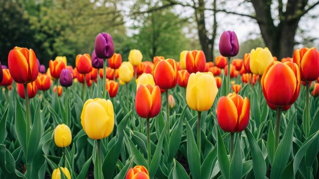 A vibrant field of multicolored tulips blooming under a blurred green tree canopy - Powered by Adobe