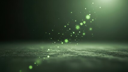 Abstract composition with green glowing particles rising from a textured surface, ethereal