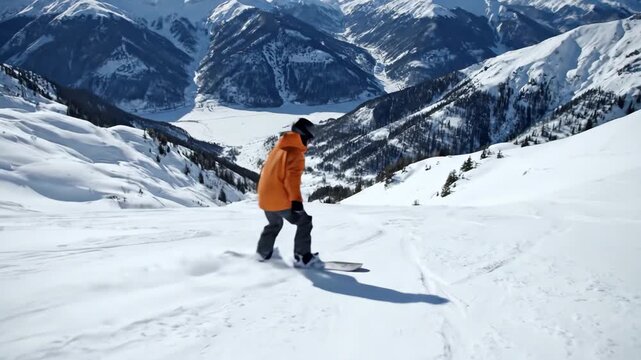A snowboarder in a vibrant orange jacket carves down a steep, snowy alpine slope on a bright winter day.