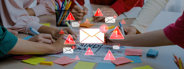 Concept of a cybersecurity warning for unsafe email communication. This alert signifies a phishing attack, spam, or malware risk that requires immediate attention to prevent fraud. Fermion