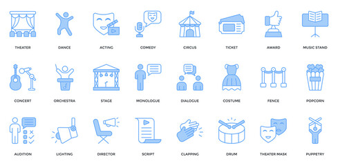 Performing art icon set. Containing theater, dance, acting, comedy, concert, orchestra, stage icon. Lineal blue style © San D