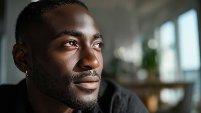 Portrait of a thoughtful young man gazing into the distance with sunlight illuminating his face. Modern lifestyle and introspective mood captured in a bright, serene indoor setting