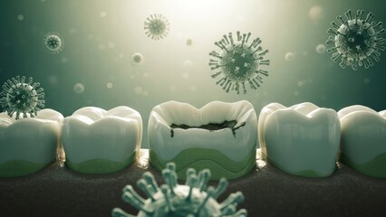 Animated dental illustration of decaying teeth, surrounded by floating viral particles