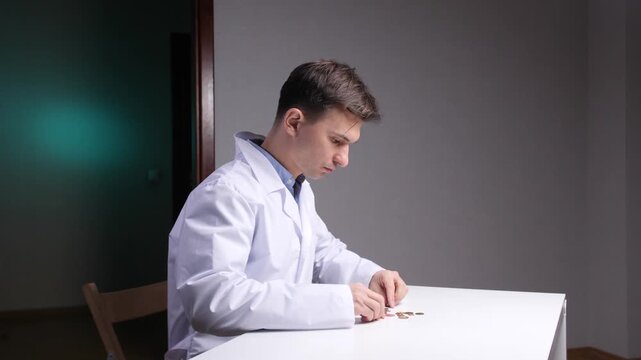 Male doctor in a white lab coat sitting at a desk and shaking an empty wallet, symbolizing low income, healthcare costs, and the economic struggles of medical professionals
