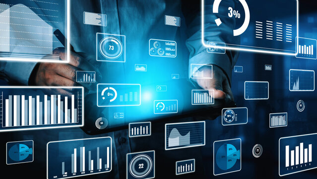 A modern workspace showcasing digital charts and graphs, representing data visualization and analytics in an advanced business environment for strategic decision-making. Xenic - Powered by Adobe