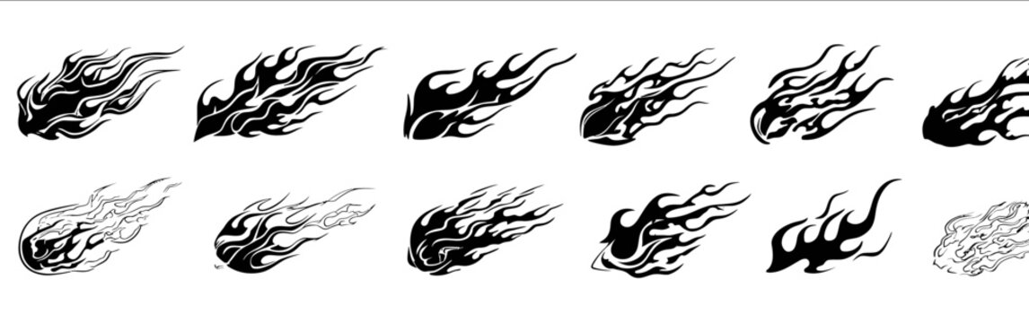 Black and white vector flame designs for graphic design sticker or decal set on an isolated background A collection of flames in a simple line art style for c