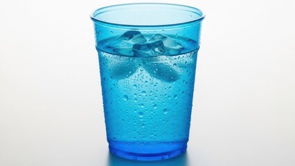Blue translucent plastic cup with ice and water against a white background