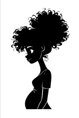 Full body of a pregnant black woman profile silhouette drawing of a happy woman Black on white background