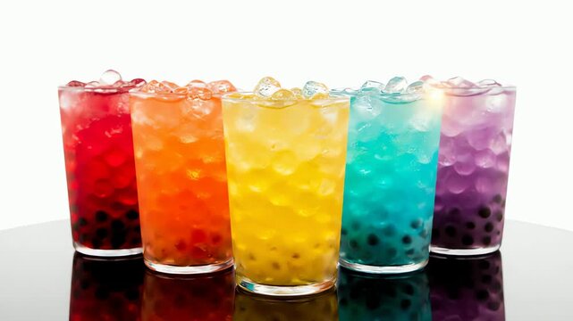 Vibrant colorful bubble tea drinks lined up with ice and tapioca pearls