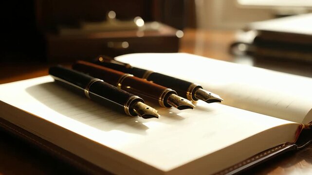 Elegant fountain pens rest on an open notebook in a bright, sunlit study