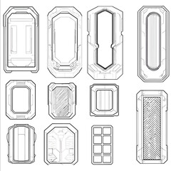 Minimalist black line art designs of different types and sizes of futuristic door panels on a white background Each design is simple and minimalistic with cle