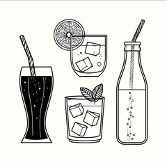 Minimalist black line drawings of cold drinks for a restaurant menu featuring CocaCola Glass Tall soda glass hourglass shape with condensation lines short dia