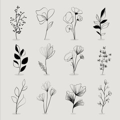 a collection of simple natureinspired hand drawn single line drawings Minimalist vector style lots of negative space no shading no detailing abstract