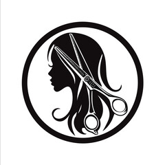 Logo for a beauty salon Silhouette of a girls head hairdressing scissors Black and white tones
