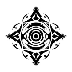 A bold symmetrical tribal sigil with sacred geometry and concentric ring patterns rendered in sharp black ink on a white or transparent background The design