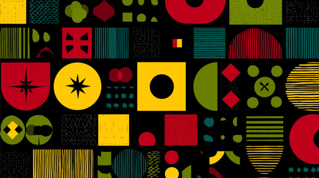 seamless abstract geometric pattern in retro style composed of bold flat shapes like circles stars diamonds semicircles crosses and dots arranged in a colorfu - Powered by Adobe