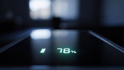 Close-up of a device showing battery charging status with room in background