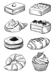simple line drawing sticker set for various kinds of chocolate pastries isolated objects on white background simple and precise lines flat illustration no sha