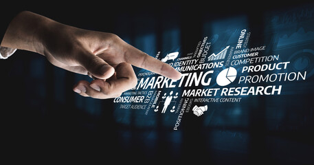 A dynamic visual representation of marketing concepts, showcasing a hand pointing at key terms like promotion, market research, and consumer engagement in a digital format. Tessel
