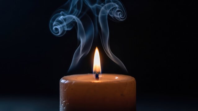 Close-up of a lit candle, flame burning brightly with wisps of smoke against dark background - Powered by Adobe