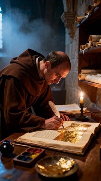 Medieval Monk Writing Illuminated Manuscript with Gold Leaf and Quill in Smoky Monastery Scriptorium