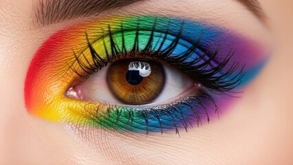 Close-up of eye with vibrant rainbow eyeshadow, lashes, and brown iris