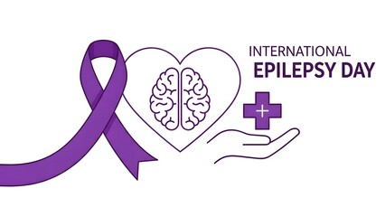 Fototapeta premium International Epilepsy Day: Awareness Banner with Purple Ribbon, Brain Icon, and Medical Support Symbol