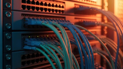 Close-up of network server with blue and green cables connected