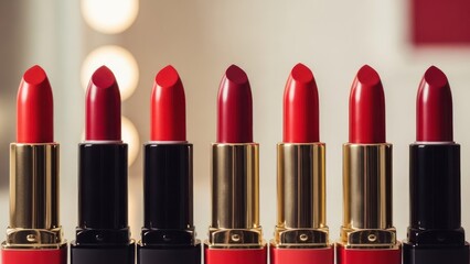 Close-up of seven vibrant red lipsticks in gold and black tubes, arranged neatly