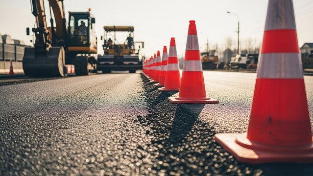 Construction scene showing road work with heavy machinery, cones, and fresh asphalt