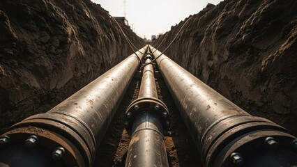Deep trench reveals parallel metallic pipes with bolted flanges, running to the horizon