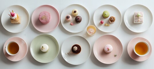 Assorted sweet treats and tea on colorful plates isolated on white background