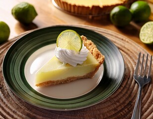 delicious key lime pie slice garnished with whipped cream and fresh lime at a dessert table
