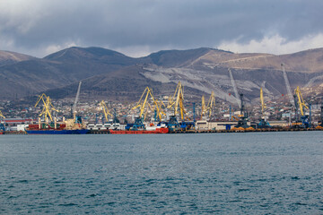 Commercial port terminal with cargo cranes in Novorossiysk