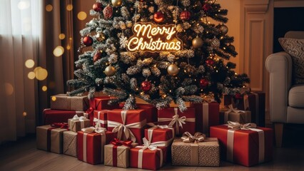 Festive Christmas scene decorated tree with presents beneath, warm lighting and cozy feel