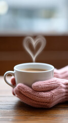 Fototapeta premium Cozy winter morning with heart shaped steam from tea cup held in knit mittens