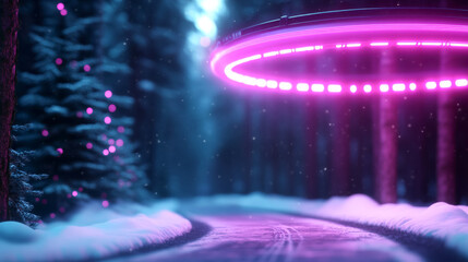 Futuristic spaceship with holographic magenta and blue lights in winter forest night scene