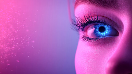 Mystical close-up of luminous pink eye with futuristic alien aura