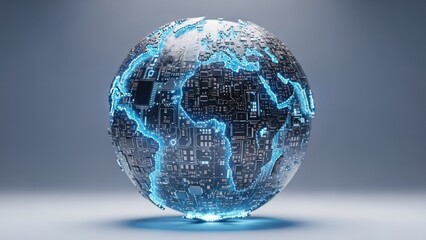 Futuristic globe with glowing blue circuits overlaid on continents