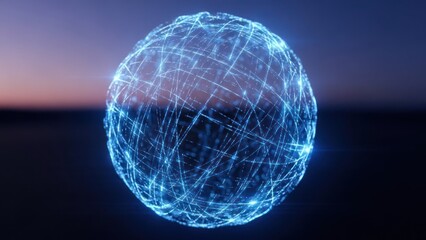 Futuristic glowing sphere of interconnected blue lines floats against a twilight sky