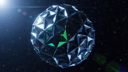Geometric, faceted sphere in space with lens flare and a starry background