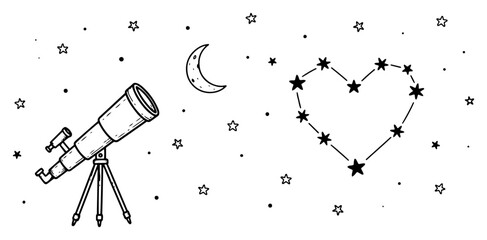 Telescope observing heart shaped star constellation, romantic night sky vector illustration, astronomy love © Luka