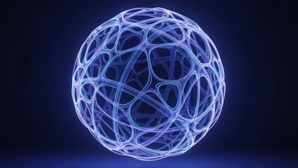 Glowing sphere of interconnected, intricate lines, against a dark blue gradient