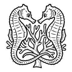Two seahorses facing each other in coral reef, vintage woodcut style vector illustration, marine life love
