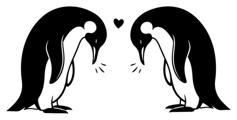 Two cute penguins in love bowing to each other, romantic animal silhouette vector illustration, winter heart symbol