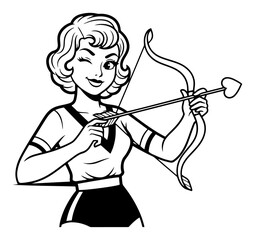 Retro woman cupid holding bow and love arrow, winking pin-up girl vector illustration, pop art valentine