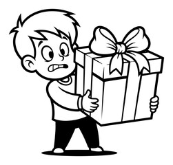 Cartoon boy carrying heavy gift box, funny birthday surprise vector illustration, cute character with present