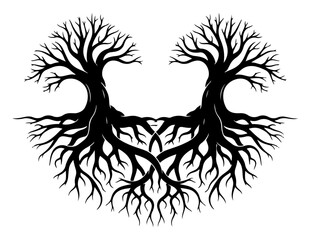 Two trees with intertwining roots forming heart shape, nature connection vector silhouette, family tree symbol